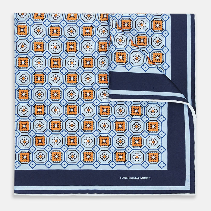 Blue Floral Tile Silk Pocket Square