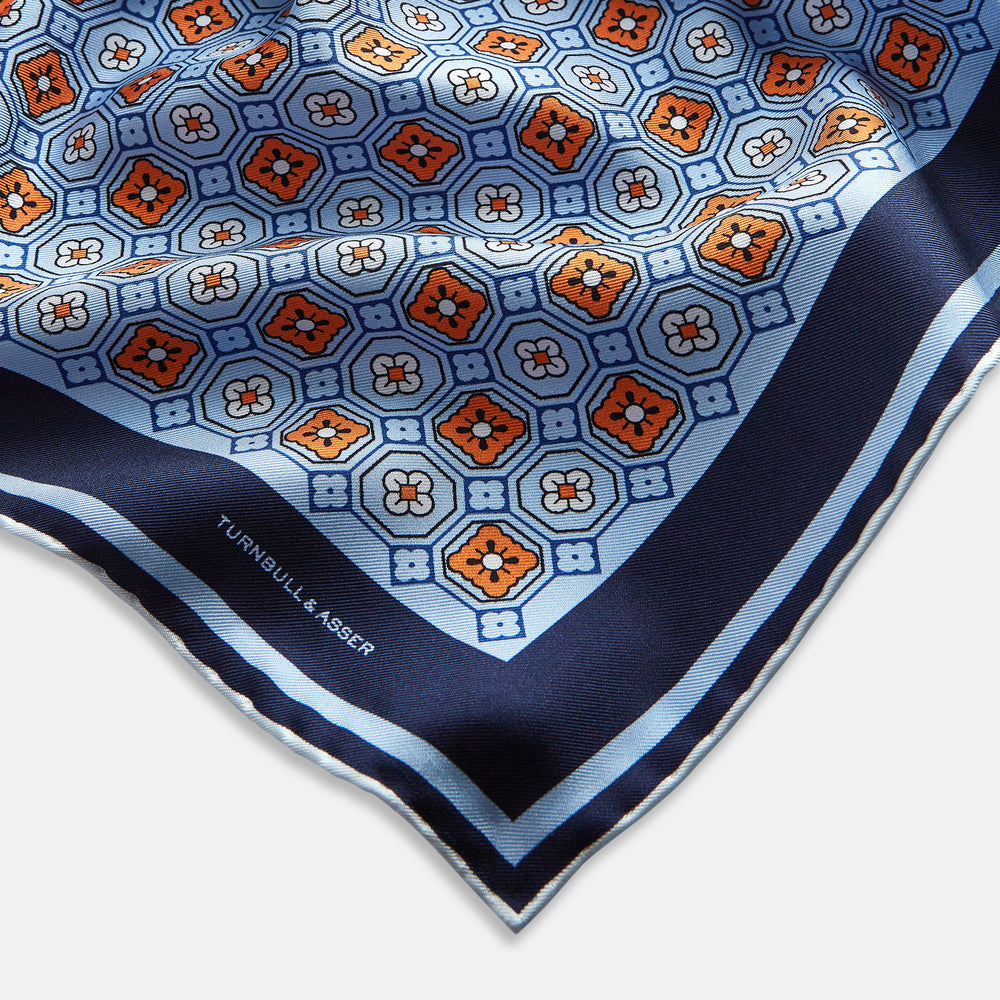 Blue Floral Tile Silk Pocket Square OS
