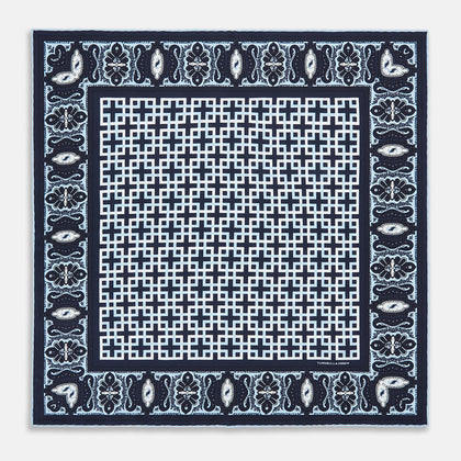 Navy Square-Patterned and Paisley Patterned Silk Pocket Square Image 3