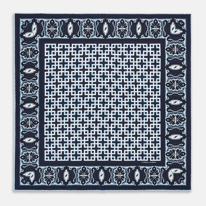 Navy Square-Patterned and Paisley Patterned Silk Pocket Square Image 3