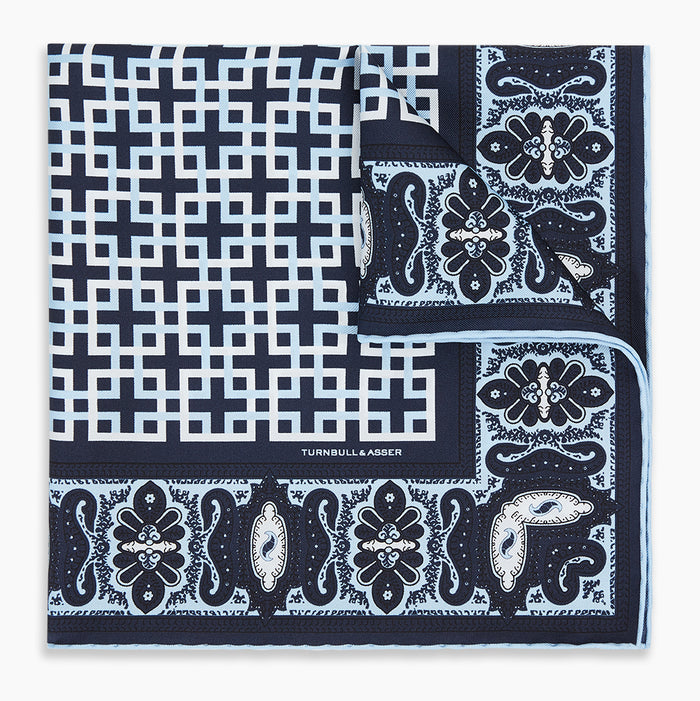 Navy Square-Patterned and Paisley Patterned Silk Pocket Square Image 4