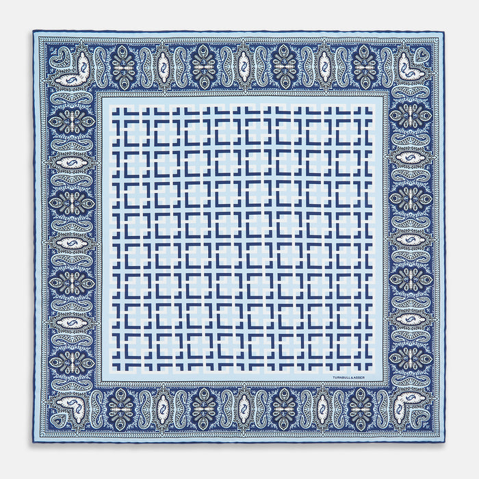 Blue Square-Patterned and Paisley Patterned Silk Pocket Square Image 3