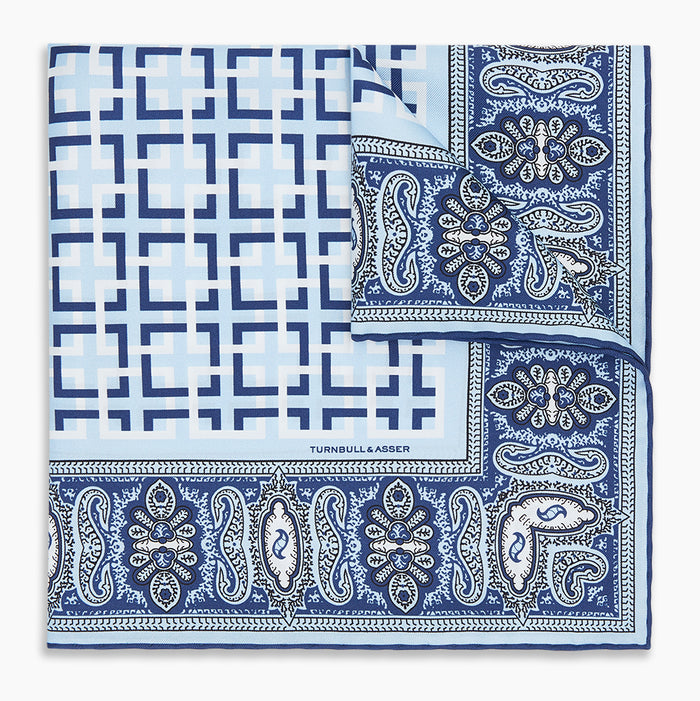 Blue Square-Patterned and Paisley Patterned Silk Pocket Square Image 4