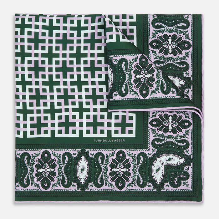 Forest Green Square-Patterned and Paisley Patterned Silk Pocket Square