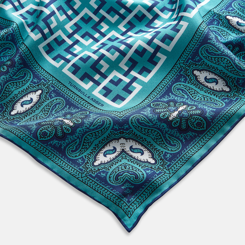 Turquoise Square-Patterned and Paisley Silk Pocket Square OS