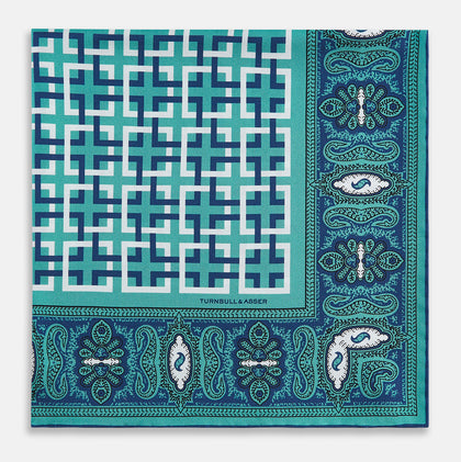 Turquoise Square-Patterned and Paisley Silk Pocket Square Image 2