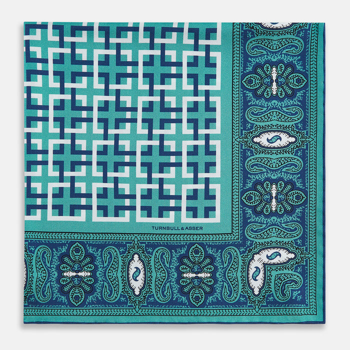Turquoise Square-Patterned and Paisley Silk Pocket Square Image 2