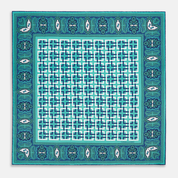 Turquoise Square-Patterned and Paisley Silk Pocket Square Image 3