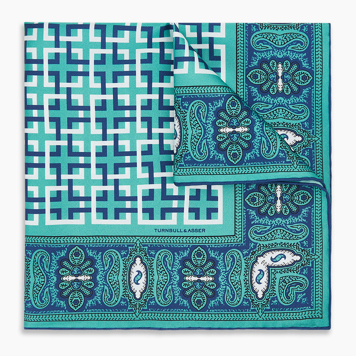 Turquoise Square-Patterned and Paisley Silk Pocket Square Image 4