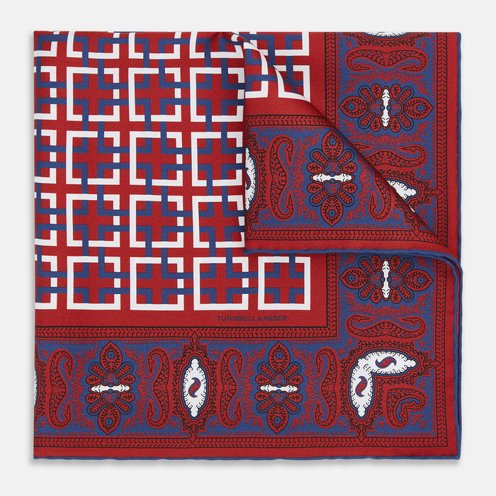 Red Square-Patterned and Paisley Patterned Silk Pocket Square