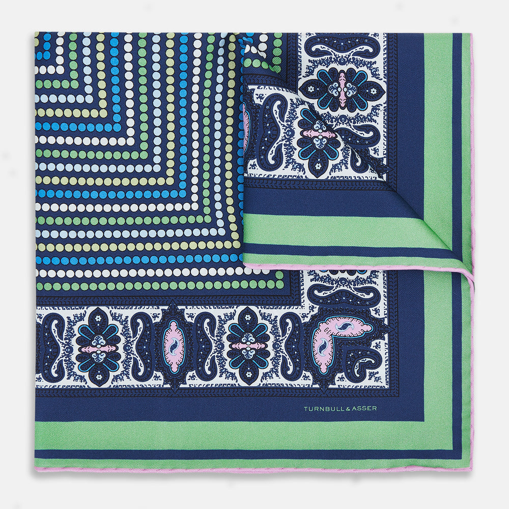 Oxford Blue Dots and Paisley Silk Pocket Square OS