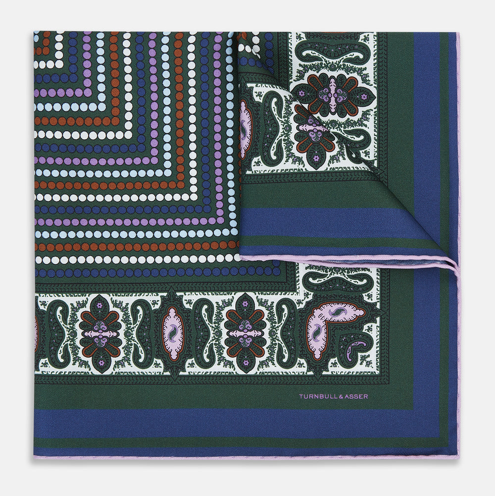 Forest Green Dots and Paisley Silk Pocket Square OS