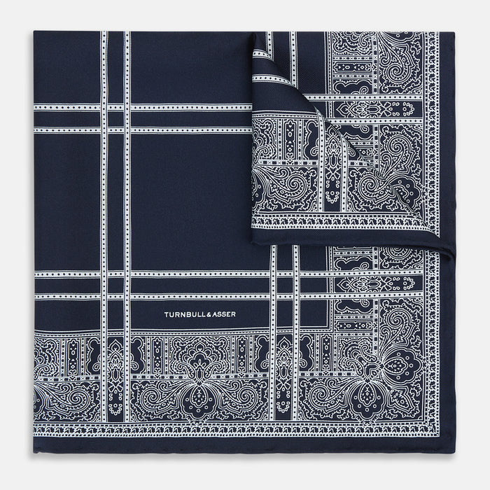 Navy Paisley Bandana Patterned Silk Pocket Square