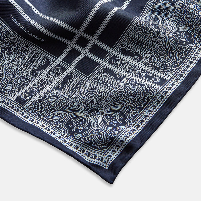 Navy Paisley Bandana Patterned Silk Pocket Square Image 1