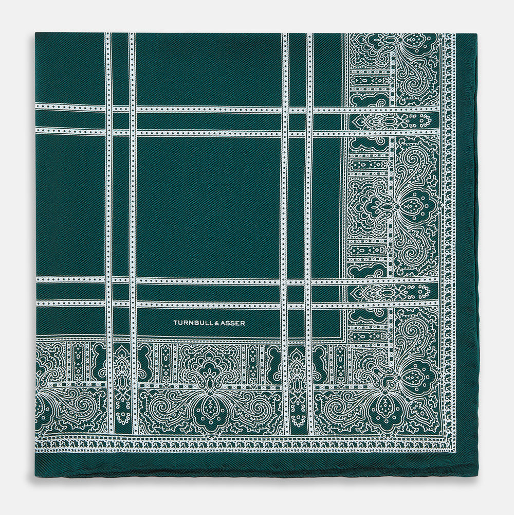 Forest Green Paisley Bandana Patterned Silk Pocket Square OS