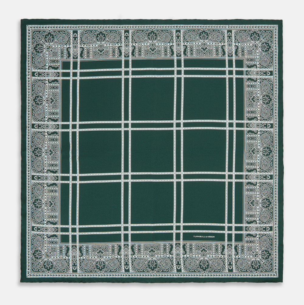 Forest Green Paisley Bandana Patterned Silk Pocket Square OS