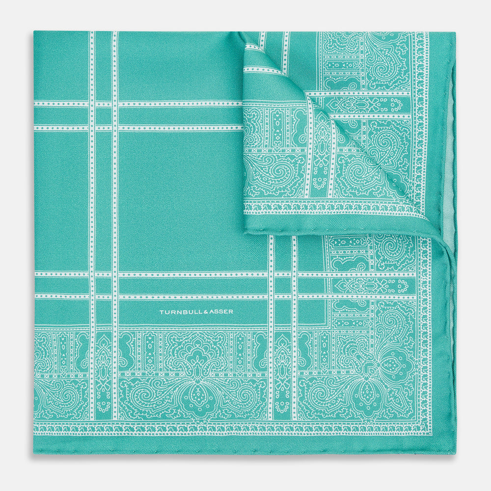 Turquoise Paisley Bandana Patterned Silk Pocket Square OS