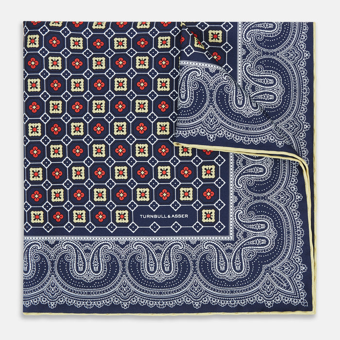 Dark Navy Floral Tile and Paisley Silk Pocket Square