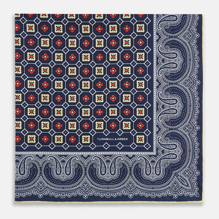 Dark Navy Floral Tile and Paisley Silk Pocket Square Image 3