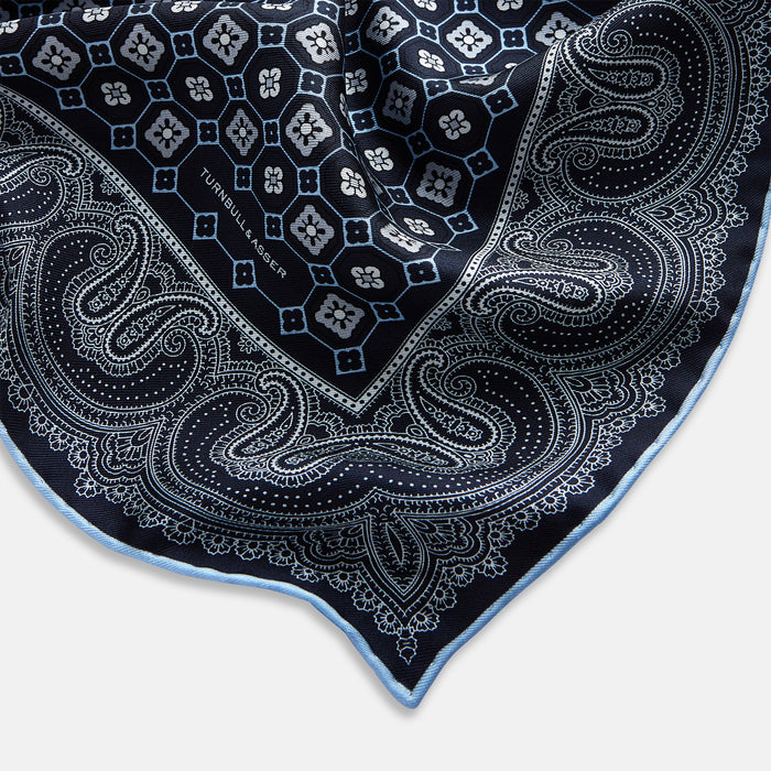 Navy Floral Tile and Paisley Silk Pocket Square Image 1
