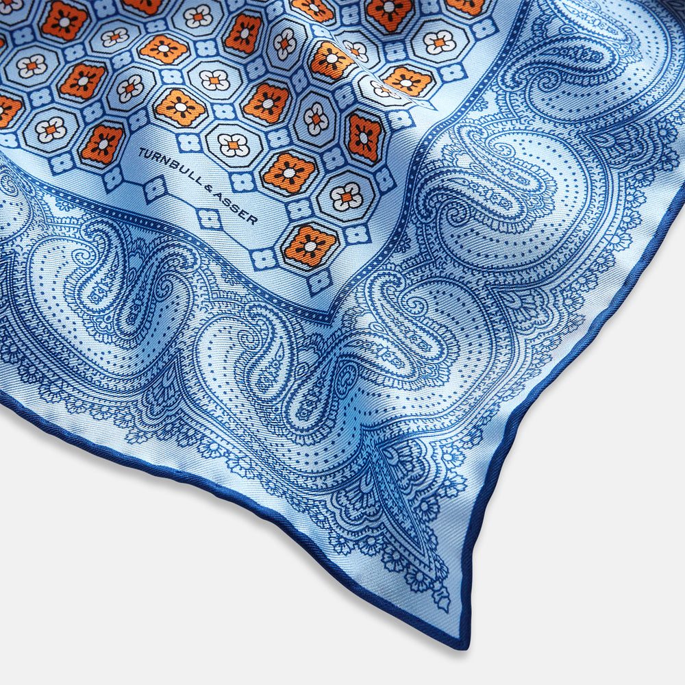 Blue Floral Tile and Paisley Silk Pocket Square OS