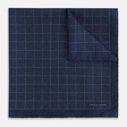 Checked Blue Pocket Square in Silk