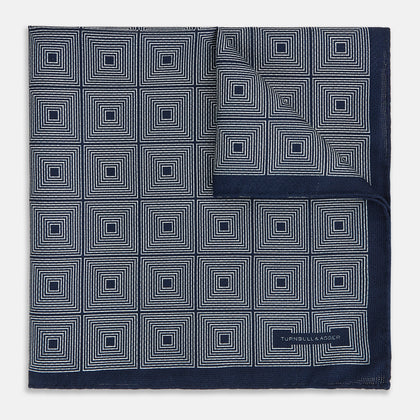 Geometric Navy Tile Pocket Square in Silk