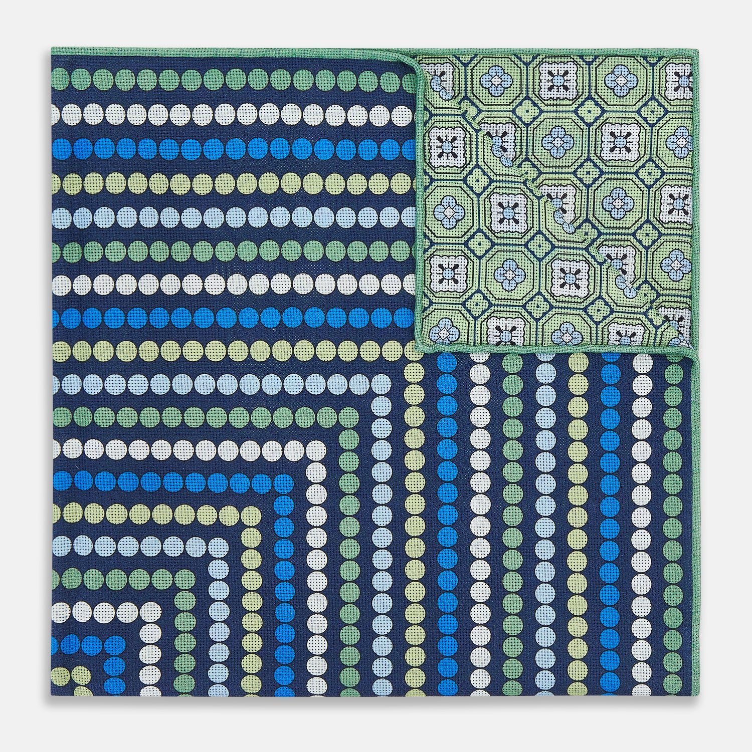 View 3 of product Oxford Blue Dots and Floral Tile Double-Sided Silk Pocket Square OS