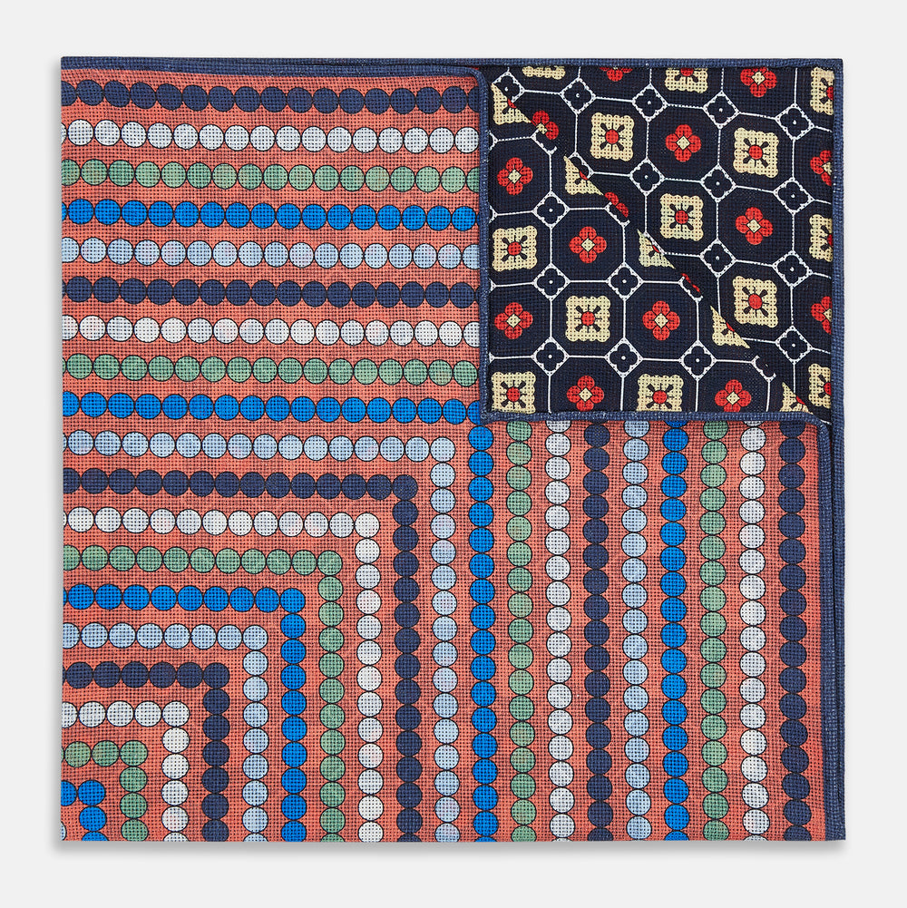 Orange Dots and Floral Tile Double-Sided Silk Pocket Square OS