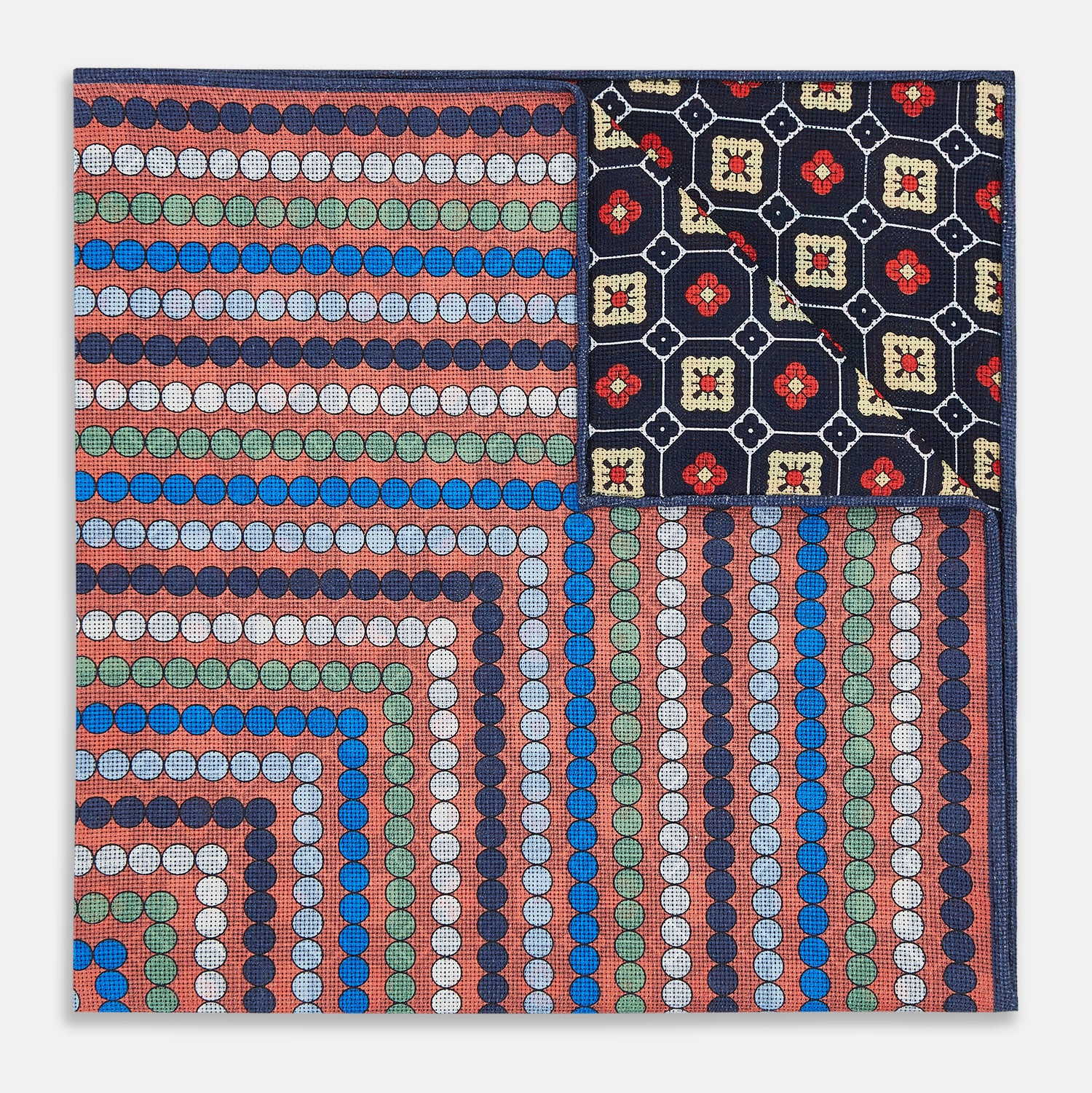 View 3 of product Orange Dots and Floral Tile Double-Sided Silk Pocket Square OS