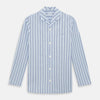 View 1 of product The Turnbull & Asser Blue Track Stripe Pyjama Shirt features a collar, white buttons, chest pocket, and vertical navy stripes—an elegant and comfortable loungewear option perfect for stylish nightwear.