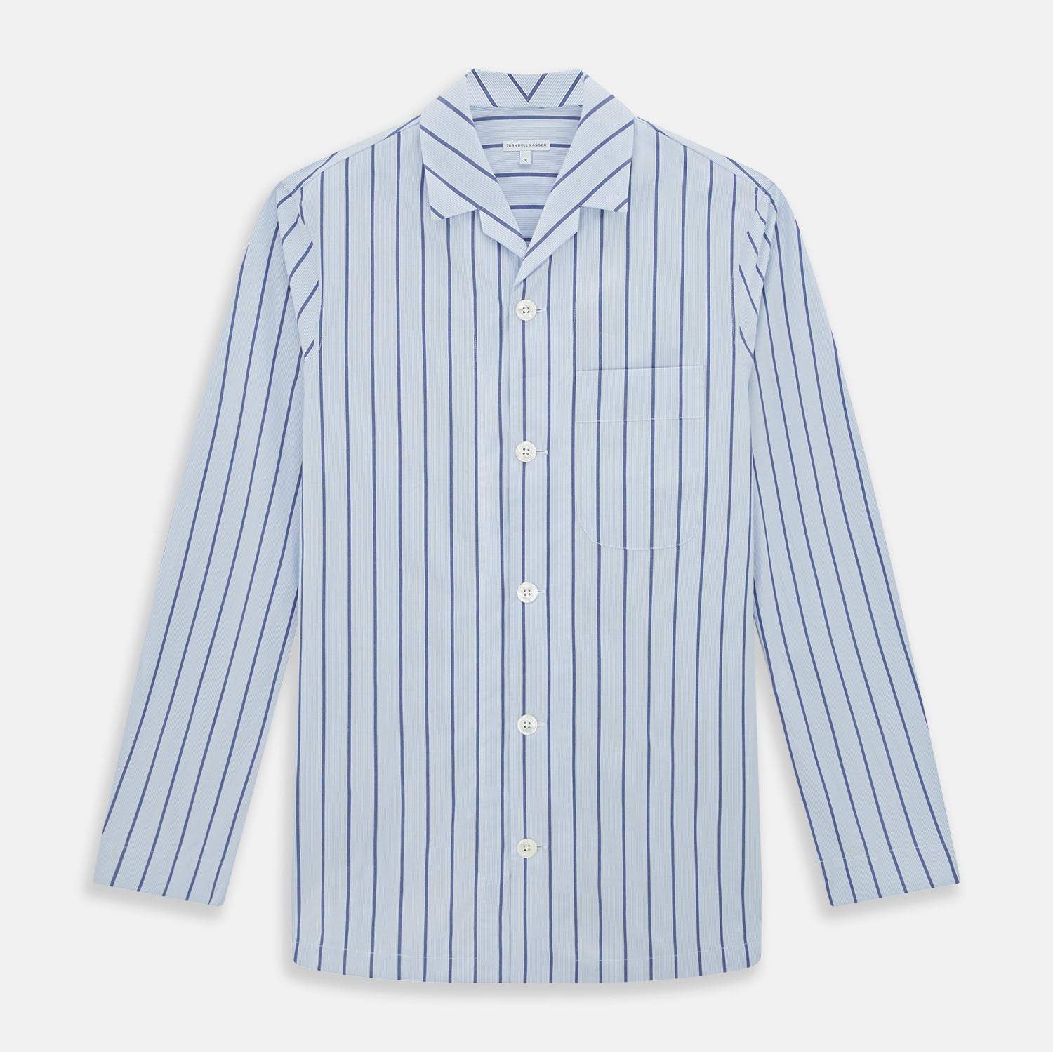 View 1 of product The Turnbull & Asser Blue Track Stripe Pyjama Shirt features a collar, white buttons, chest pocket, and vertical navy stripes—an elegant and comfortable loungewear option perfect for stylish nightwear.