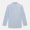 View 3 of product The Turnbull & Asser Blue Track Stripe Pyjama Shirt features a collar, white buttons, chest pocket, and vertical navy stripes—an elegant and comfortable loungewear option perfect for stylish nightwear.