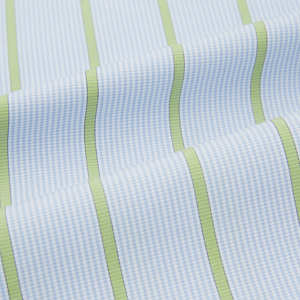 Turnbull & Asser Light Green and Blue Stripe Pyjama Trousers feature a loose fit and elastic drawstring waistband. Made from cotton, these loungewear trousers are shown flat on a white background, ideal for comfort and style.