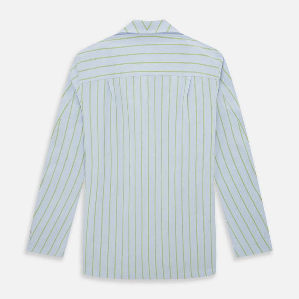 The Turnbull & Asser Light Green and Blue Stripe Pyjama Shirt features long sleeves, a front chest pocket, and elegant loungewear style, shown on a plain white background.