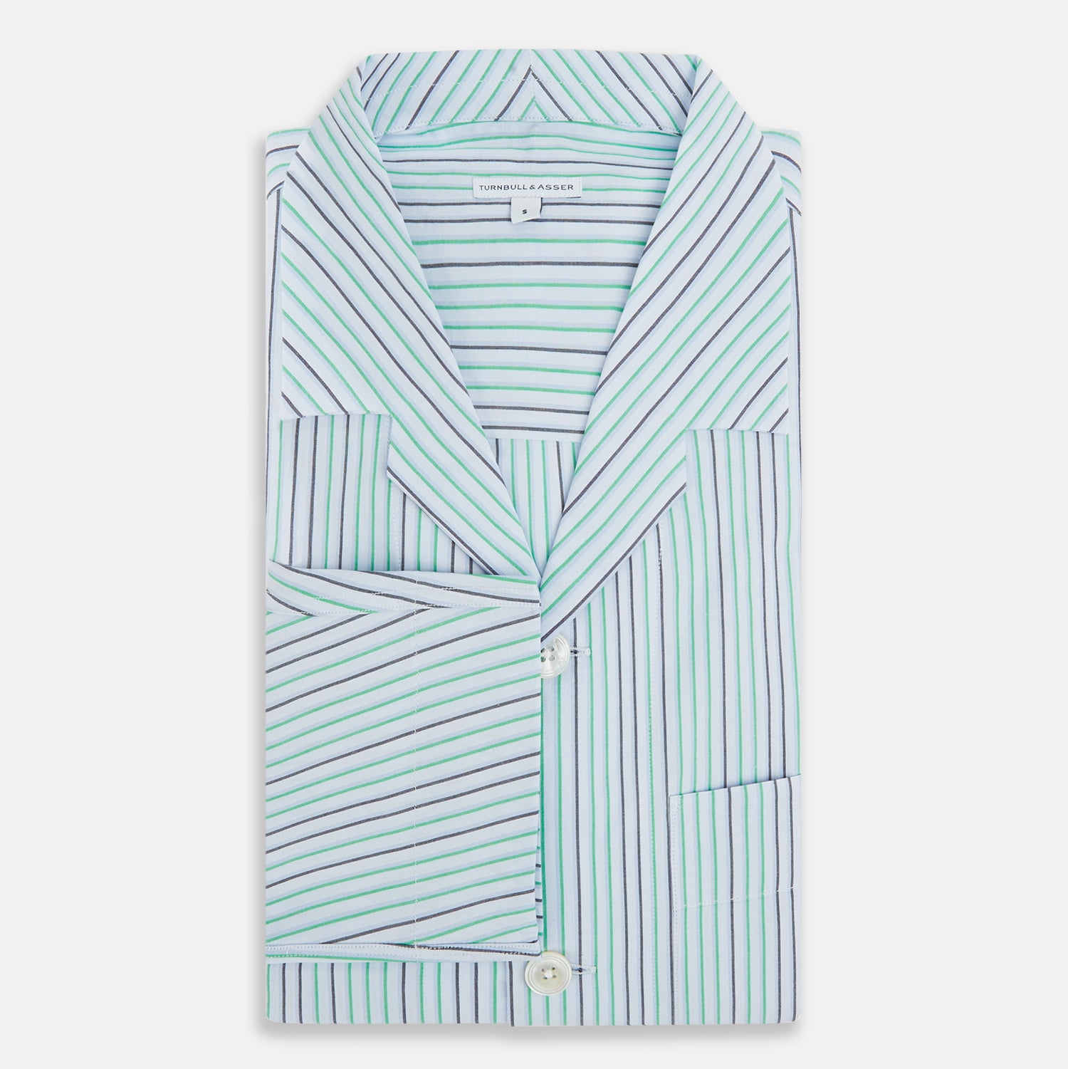 View 5 of product The Green and Blue Shadow Pinstripe Pyjama Shirt by Turnbull & Asser features long sleeves, a notched collar, chest pocket, and elegant green, pink, and white stripes—ideal for sophisticated loungewear or nightwear.