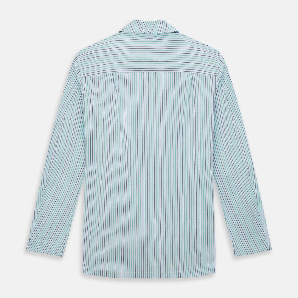 The Green and Blue Shadow Pinstripe Pyjama Shirt by Turnbull & Asser features long sleeves, a notched collar, chest pocket, and elegant green, pink, and white stripes—ideal for sophisticated loungewear or nightwear.