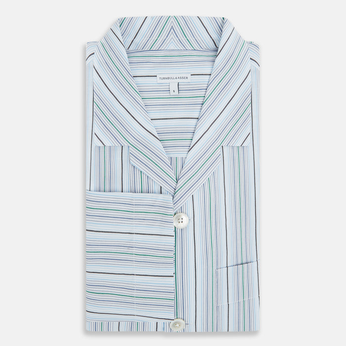 Blue and Green Multi Track Stripe Pyjama Shirt Image 4
