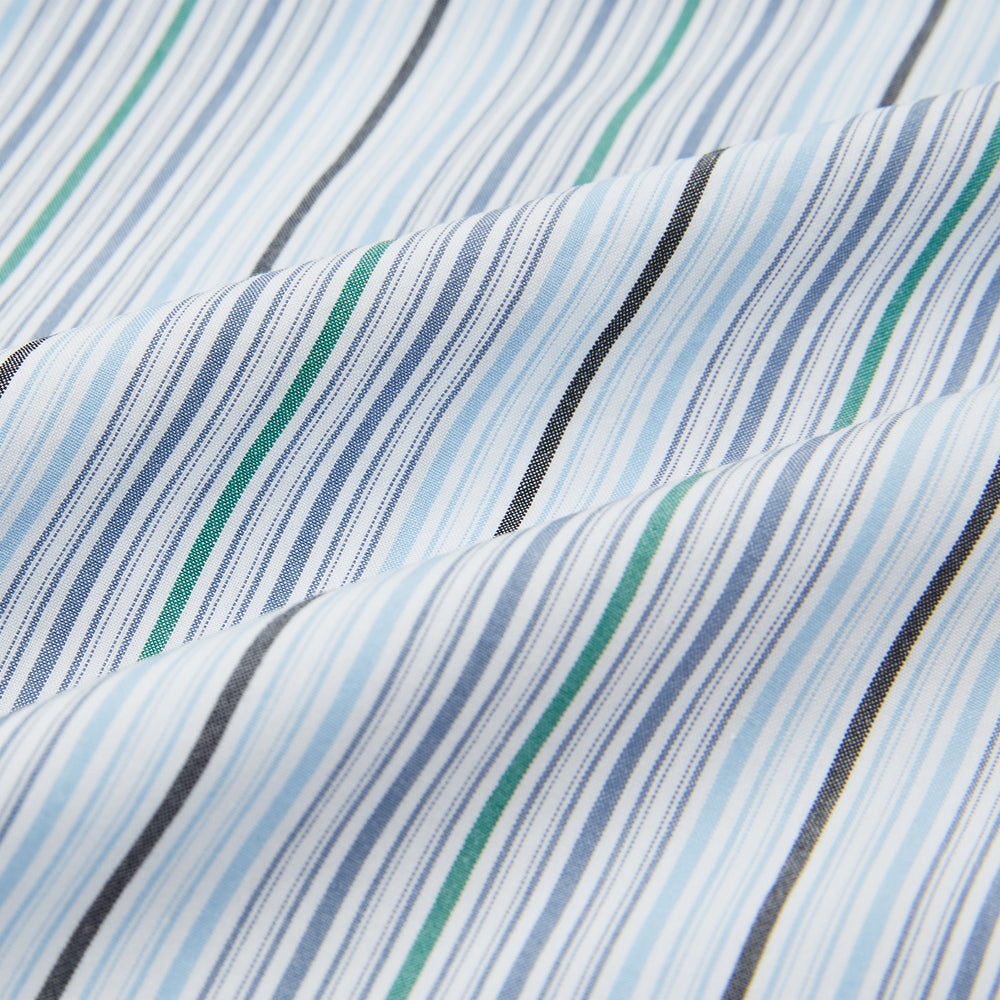 Turnbull & Asser Blue and Green Multi Track Stripe Pyjama Trousers feature a drawstring waistband and vertical blue, green, and white stripes, shown against a plain white background.