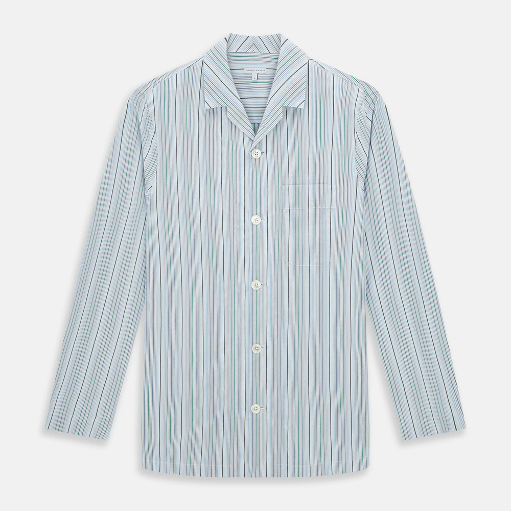 The Turnbull & Asser Blue and Green Multi Track Stripe Pyjama Shirt is a long-sleeve, button-up with collar and chest pocket, featuring blue and green stripes—ideal for stylish loungewear or nightwear.