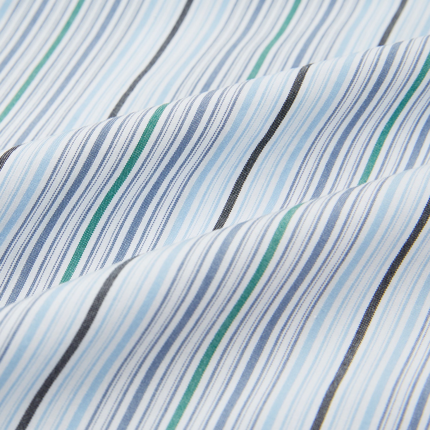 View 6 of product The Turnbull & Asser Blue and Green Multi Track Stripe Pyjama Shirt is a long-sleeve, button-up with collar and chest pocket, featuring blue and green stripes—ideal for stylish loungewear or nightwear.