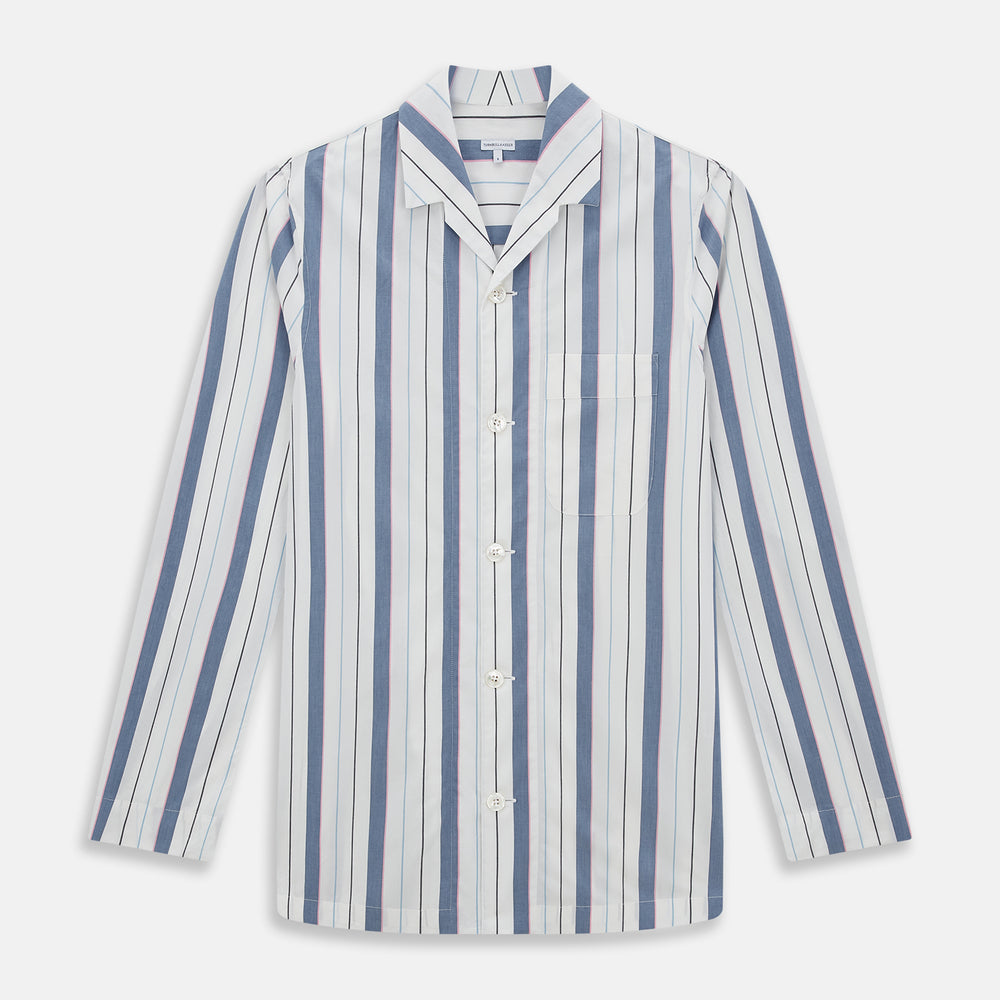 The Turnbull & Asser Blue Blazer Stripe Pyjama Shirt features a collar, chest pocket, and vertical blue, white, and light red stripes—an elegant long-sleeve loungewear piece neatly displayed on a plain white background.