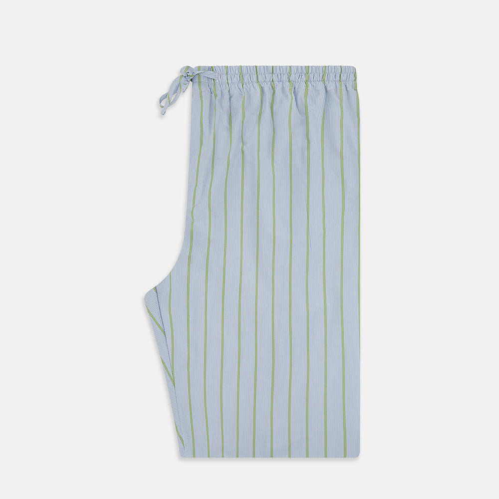 Turnbull & Asser Light Green and Blue Stripe Pyjama Trousers feature a loose fit and elastic drawstring waistband. Made from cotton, these loungewear trousers are shown flat on a white background, ideal for comfort and style.