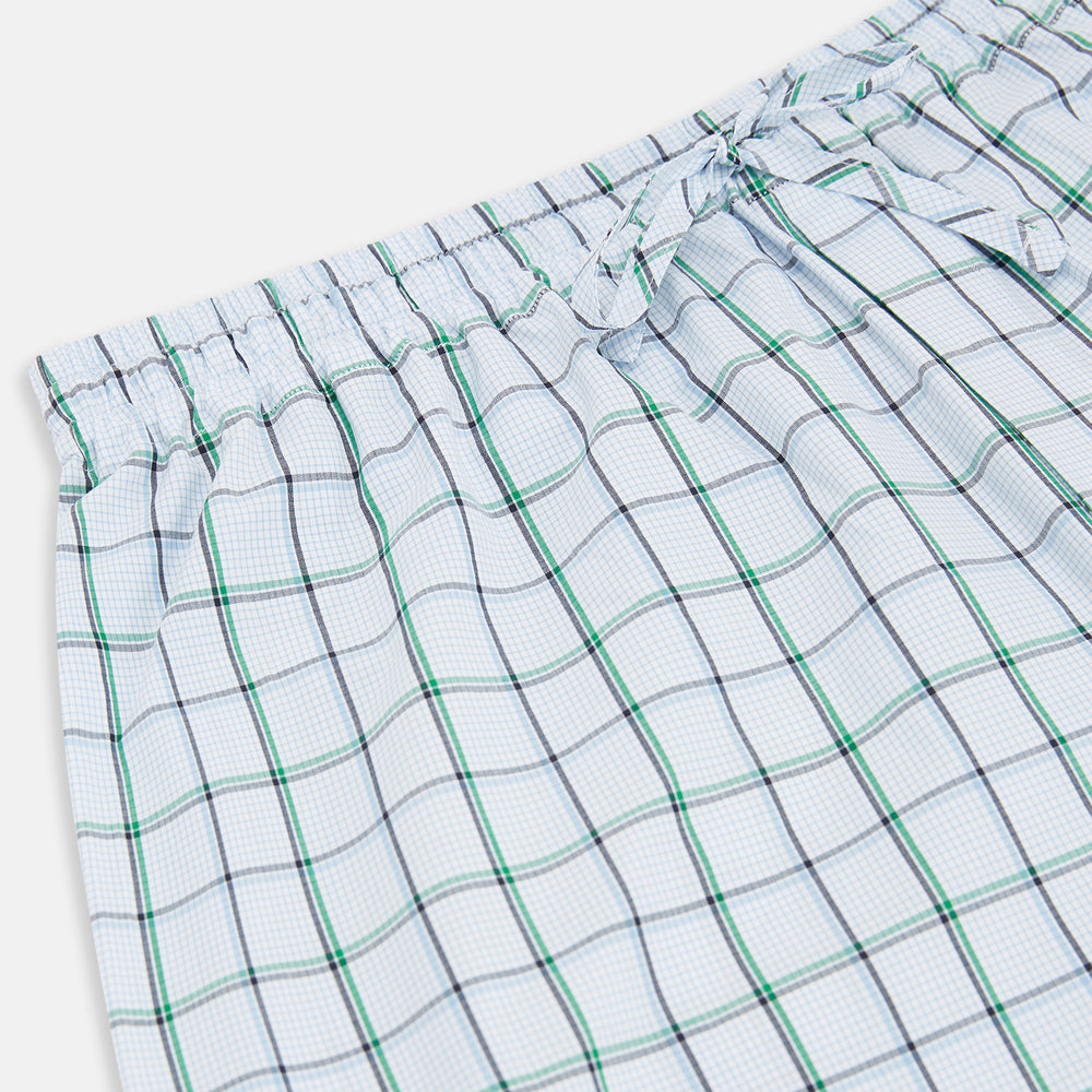 Turnbull & Asser Blue and Green Tattersall Check Pyjama Trousers with elastic waistband and drawstring, featuring a simple straight-leg design, shown laid flat on a white background.