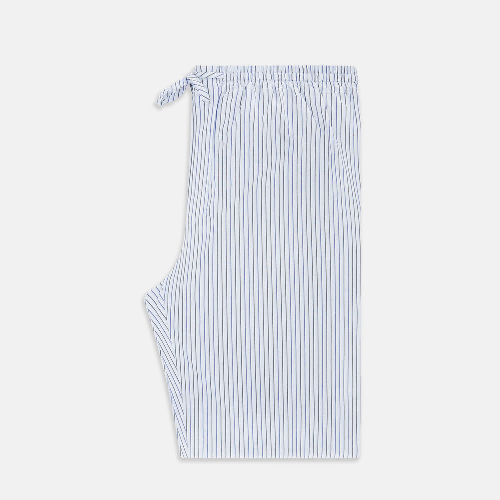 Turnbull & Asser Blue Shadow Pinstripe Pyjama Trousers, featuring blue and white vertical stripes and an elastic waistband, are displayed flat on a white background.