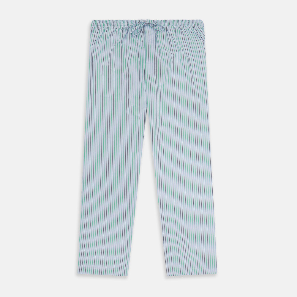 Turnbull & Asser Green and Blue Shadow Pinstripe Pyjama Trousers, featuring a comfortable drawstring waistband, laid flat on a white background.