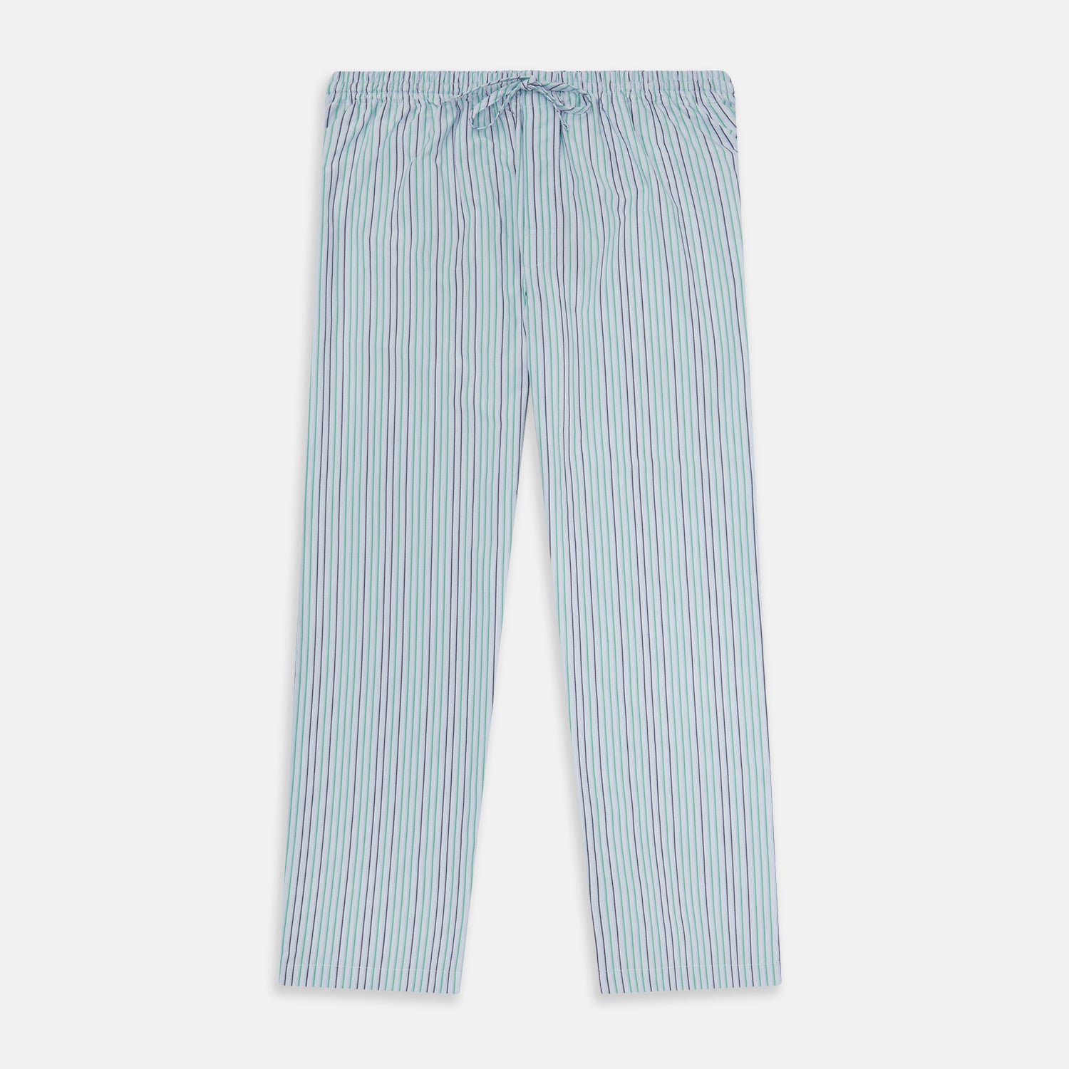 View 1 of product Turnbull & Asser Green and Blue Shadow Pinstripe Pyjama Trousers, featuring a comfortable drawstring waistband, laid flat on a white background.