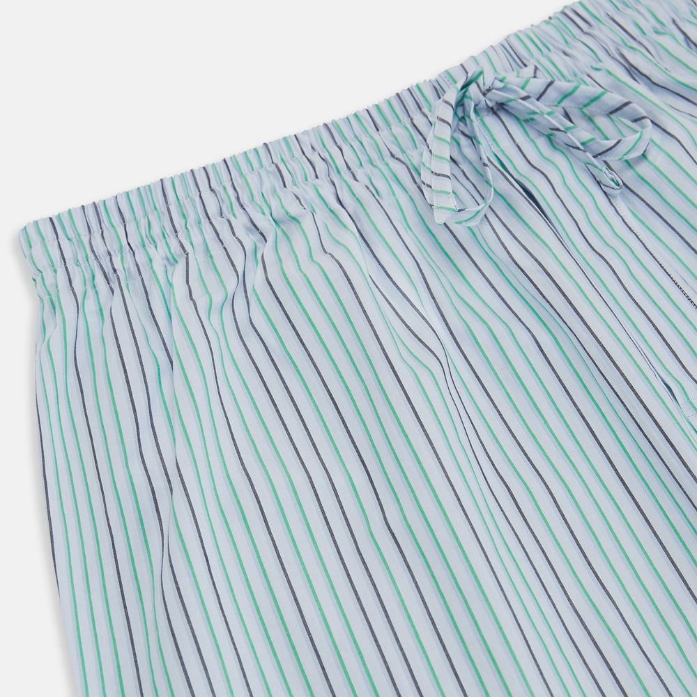 Turnbull & Asser Green and Blue Shadow Pinstripe Pyjama Trousers, featuring a comfortable drawstring waistband, laid flat on a white background.