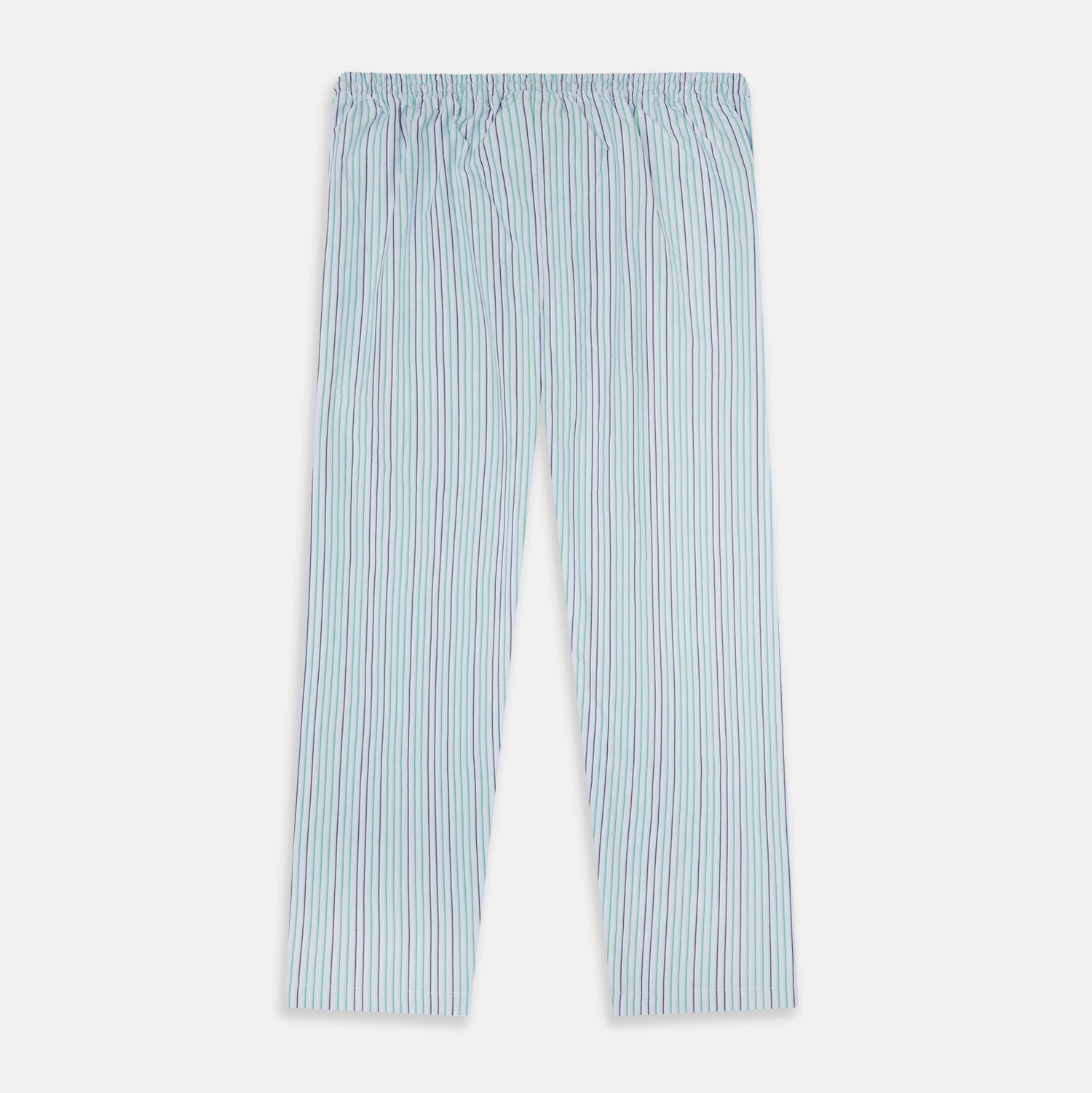 View 3 of product Turnbull & Asser Green and Blue Shadow Pinstripe Pyjama Trousers, featuring a comfortable drawstring waistband, laid flat on a white background.