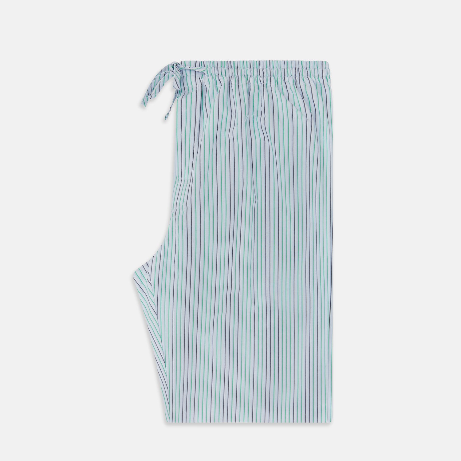 View 4 of product Turnbull & Asser Green and Blue Shadow Pinstripe Pyjama Trousers, featuring a comfortable drawstring waistband, laid flat on a white background.